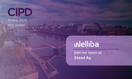 Banner image for Welliba's presence at the CIPD Annual Conference Ireland 2025, featuring a view of Dublin's River Liffey with the message: 